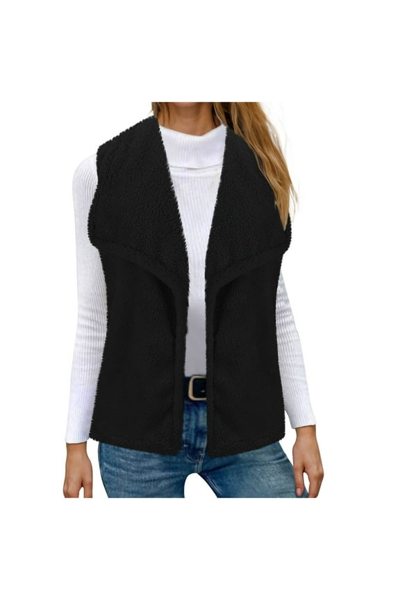 Womens Winter Fuzzy Fleece Vest Jacket Sleeveless Vest Coat Open Front Sherpa Cardigan Vest with Pockets Today Sales Black,XXL