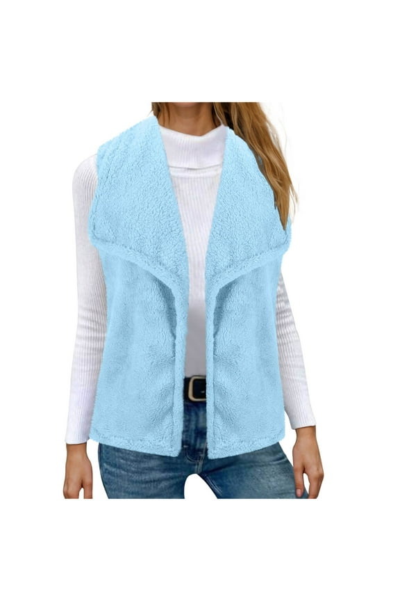 Clearance Womens Winter Fuzzy Fleece Vest Jacket Sleeveless Vest Coat Open Front Sherpa Cardigan Vest with Pockets Today Sales Light Blue,L