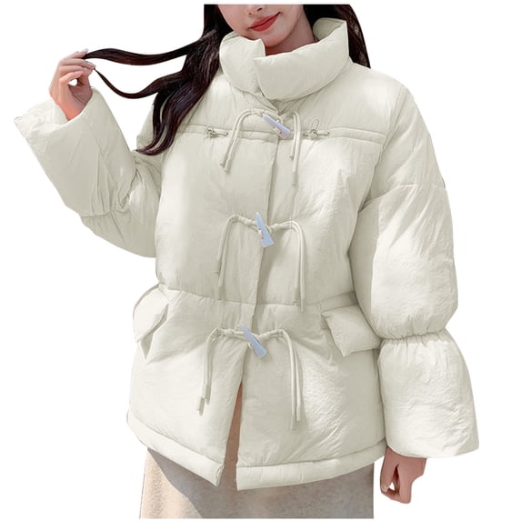 Htigea Clearance Womens Winter Long Sleeve Zip Puffer Jacket Stand Collar Baggy Short Down Coats with Drawstring Pockets White,S