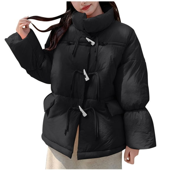 Htigea Clearance Womens Winter Long Sleeve Zip Puffer Jacket Stand Collar Baggy Short Down Coats with Drawstring Pockets Today Sales Black,XL