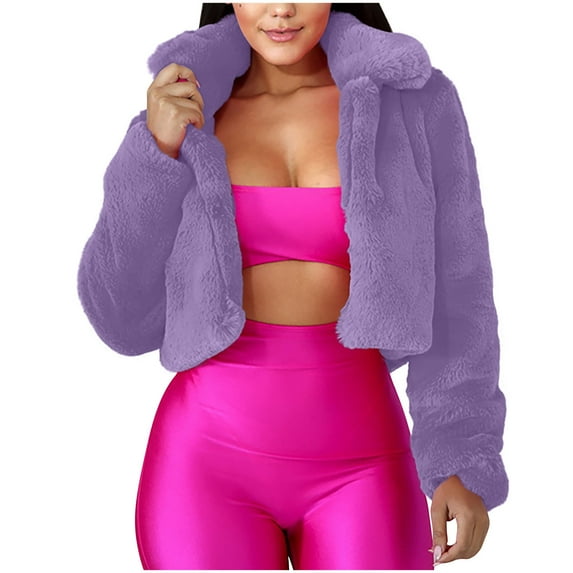 Htigea Clearance Womens Winter Outerwear Faux Fur Long Sleeve Crop Jacket Shaggy Coat Open Front Cardigans for Party Travel Today Deals Purple,L