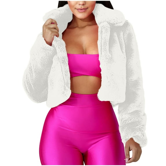 Htigea Clearance Womens Winter Outerwear Faux Fur Long Sleeve Crop Jacket Shaggy Coat Open Front Cardigans for Party Travel Today Sales White,S