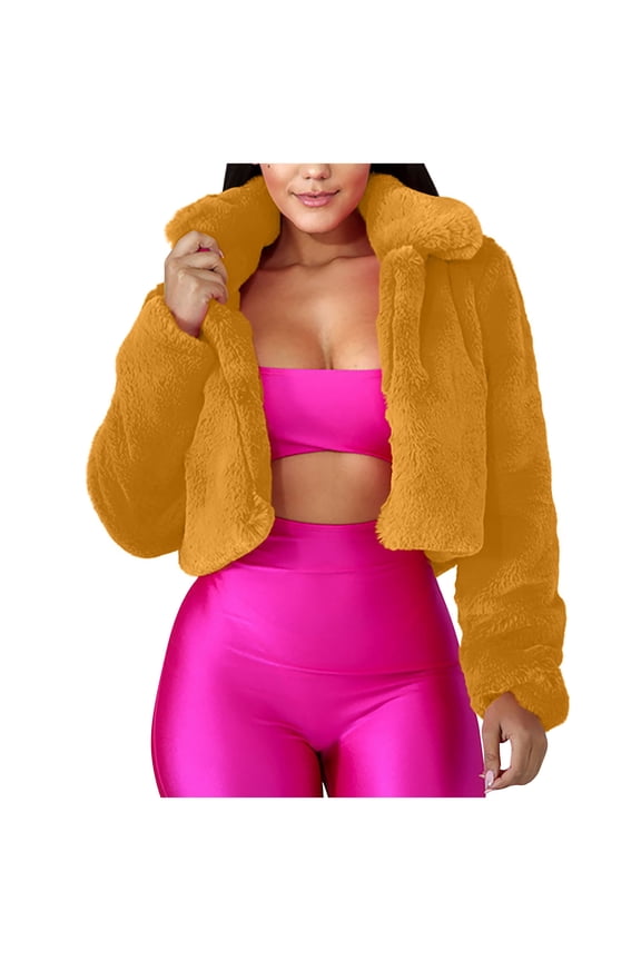 Womens Winter Outerwear Faux Fur Long Sleeve Crop Jacket Shaggy Coat Open Front Cardigans for Party Travel Today Sales Yellow,XL