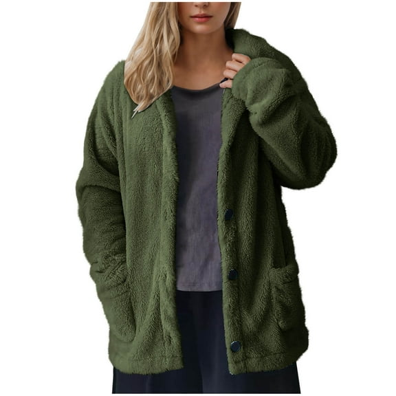 Htigea Womens Winter Sherpa Fleece Button Jacket Coat Loose Long Sleeve Outwear Army Green,S