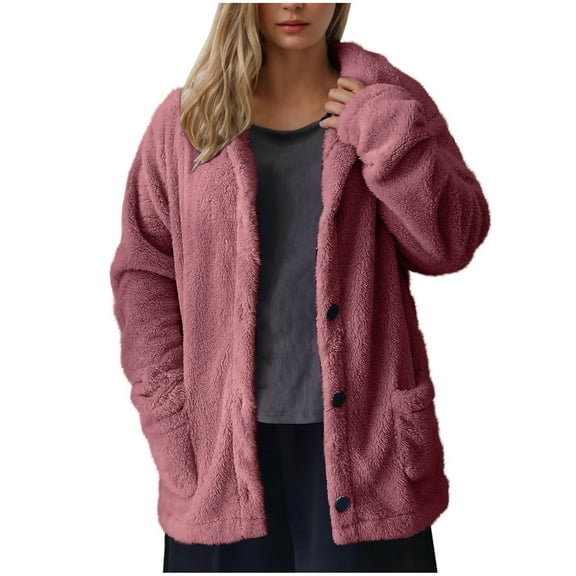 Htigea Womens Winter Sherpa Fleece Button Jacket Coat Loose Long Sleeve Outwear Hot Pink,XXL
