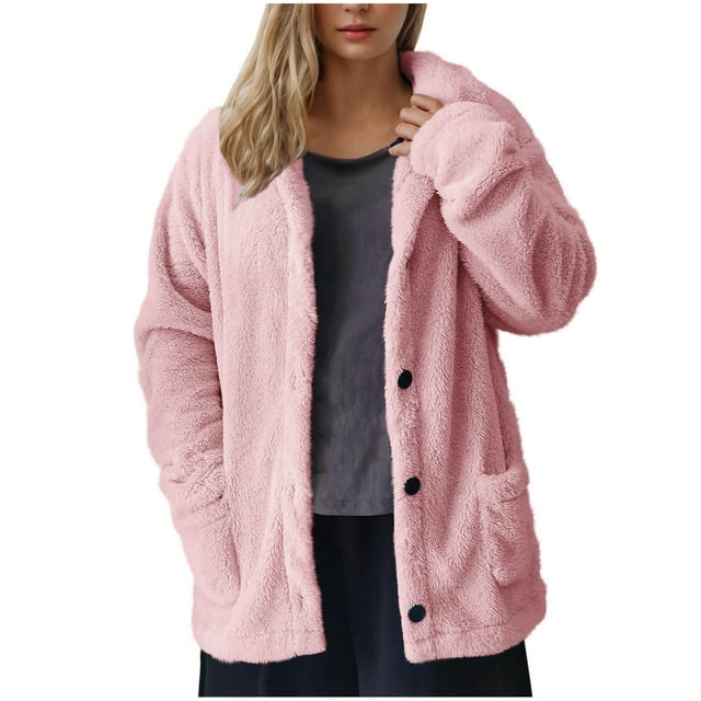 Htigea Clearance Womens Winter Sherpa Fleece Button Jacket Coat Loose Long Sleeve Outwear Fall Savings Pink,L