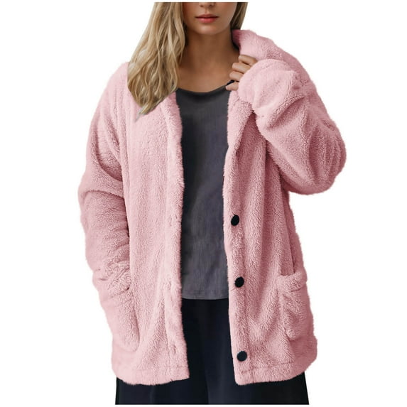 Htigea Womens Winter Sherpa Fleece Button Jacket Coat Loose Long Sleeve Outwear Pink,L