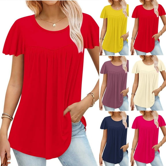 Htigea Womens crewneck T Shirts Casual Puff Sleeve Loose Dressy Blouses Summer Tops Sale Hot Pink,S