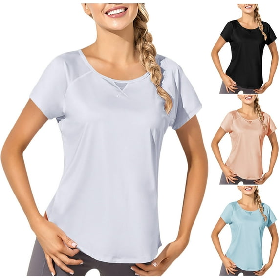 Htigea Clearance Workout Tops for Women Short Sleeve Athletic Tees Round Neck Yoga Running Tshirts Shirts White,XL