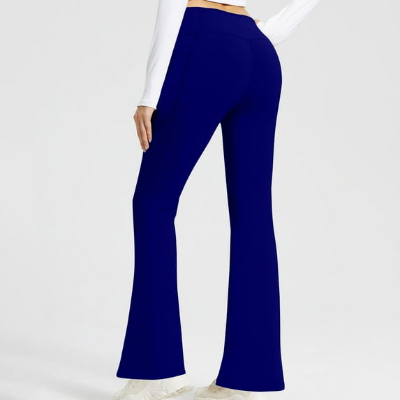 Htigea Yoga Pants with Pockets for Women Wide Leg Pants High Waist Workout Pants Tummy Control Work Pants Pockets Fall Savings Blue,L