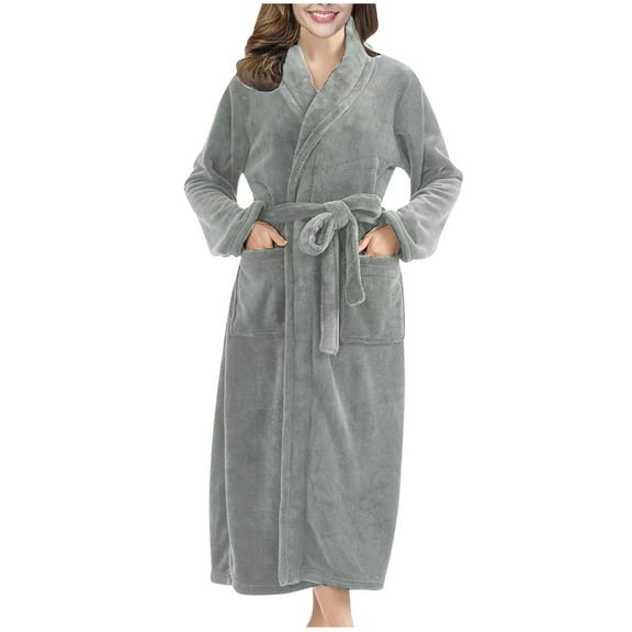 Htigea Comfy Robe for Women Fleece Long Sleeve Shawl Collar Bathrobe Soft Winter Warm Nightgown After Shower Gray,M