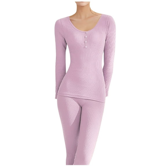 Htigea Comfy Thermal Underwear Set for Women Crewneck Buttons Tops and Bottoms Base Layer Sets Soft Home Loungewear Pink Free Size