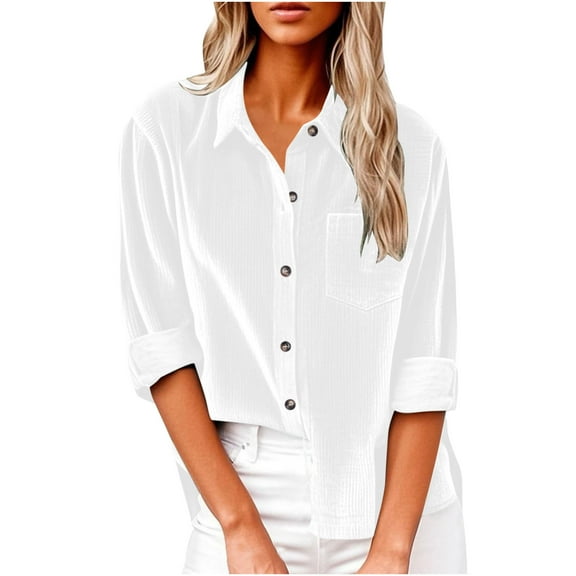 Htigea Corduroy Cardigan for Women Long Sleeve Button Down Collared Tshirts Cardigans with Pockets Comfy Blouses White,S
