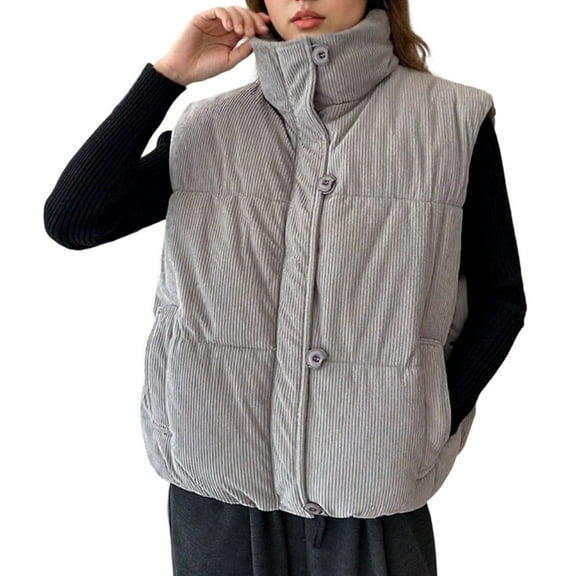 Htigea Corduroy Puffer Vest for Women Lightweight Stand Collar Sleeveless Jackets Stylish Zip Up Clothes Gray XL