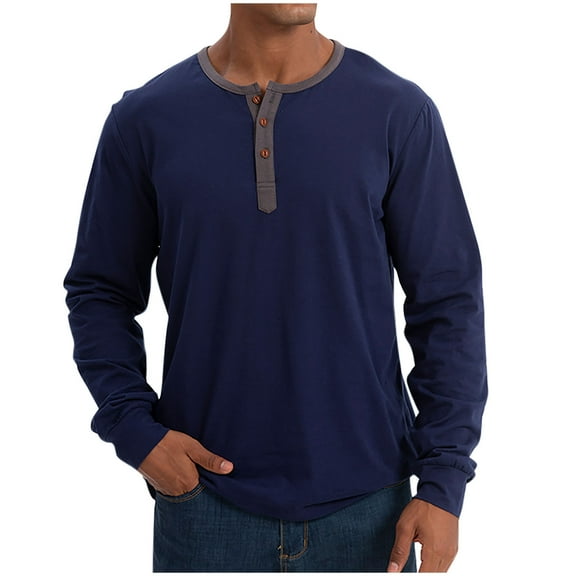 Dagegui Cotton Henley Shirts for Men Casual Long Sleeve Crewneck Button Pullover Trendy Color Block Tops Dark Blue XL