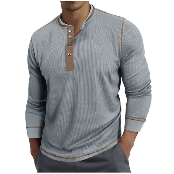 Dagegui Cotton Henley Shirts for Men Long Sleeve Crewneck Button Shirt Lightweight Jerseys Tee Solid Color Basic Pullover Tops Gray M