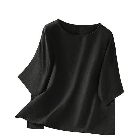 Htigea Cotton Linen 3/4 Sleeve Shirts for Women Casual Crewneck Basic Tees Loose Pullover Solid Tops Black,M