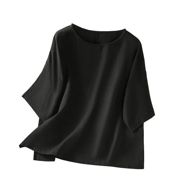Htigea Cotton Linen 3/4 Sleeve Shirts for Women Casual Crewneck Basic Tees Loose Pullover Solid Tops Black,XL