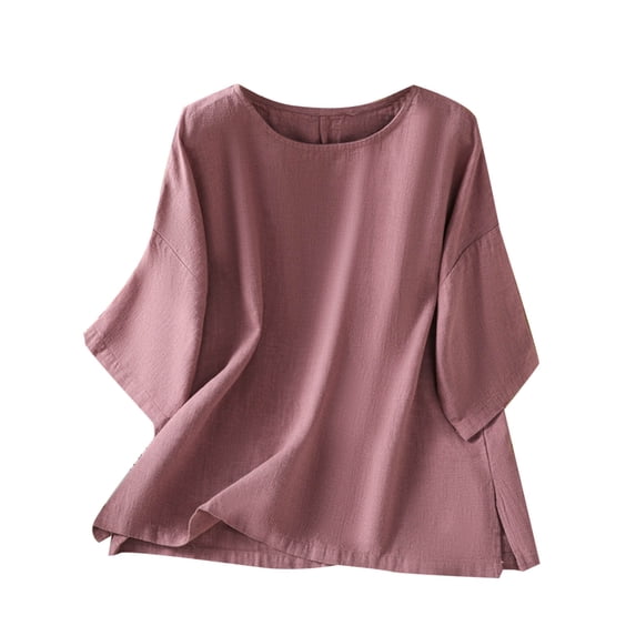 Htigea Cotton Linen 3/4 Sleeve Shirts for Women Casual Crewneck Basic Tees Loose Pullover Solid Tops Pink,M