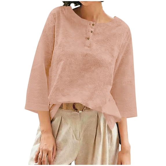 Htigea Cotton Linen 3/4 Sleeve Shirts for Women Casual Crewneck Tee Pullover Loose Lightweight Beach Vacation Tops Pink S