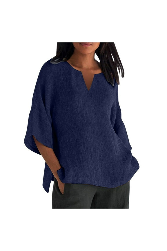 Cotton Linen 3/4 Sleeve T-Shirts for Women Casual V Notch Neck Elbow Length Tees Casual Loose Fit Tops Navy,2XL