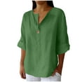 thumbnail image 1 of Htigea Cotton Linen 3/4 Sleeve Tops Womens V Neck T-Shirts Casual Loose Fit Blouse Solid Color Tees Green,5XL, 1 of 1
