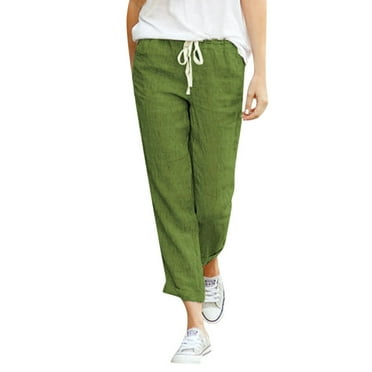 Htigea Cotton Linen Capri Pants for Women High Waisted Drawstring Tapered Pants Solid Color Loose Fit Ankle Pant with Pockets Casual Comfy Long Pants