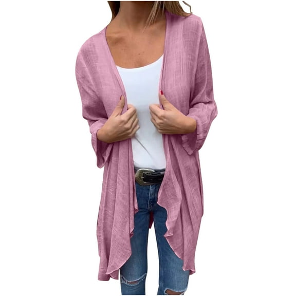 Htigea Cotton Linen Cardigan for Women Lightweight Casual Open Front Shawl Tops Loose Breathable Beach Cover Up Cardigans Pink M
