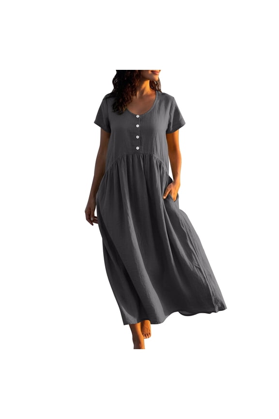 Cotton Linen Pocket Dress Womens Summer Maxi Dresses Casual Crewneck Short Sleeve Beach Vacation Long Sundresses Gray XXL