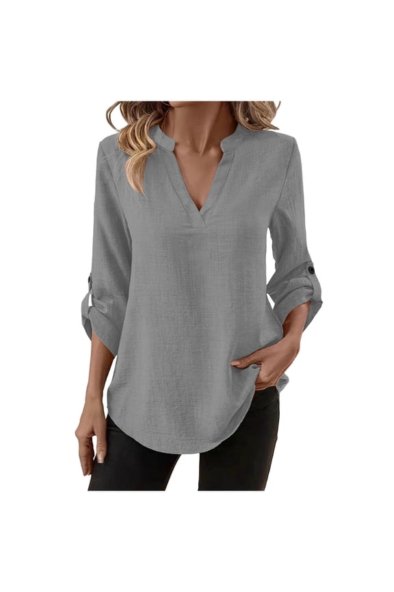 Cotton Linen Shirts for Women 3/4 Rolled Sleeve V Neck Pullover Tops Casual Loose Fit Tees Solid Color Everyday Blouses Gray XXL