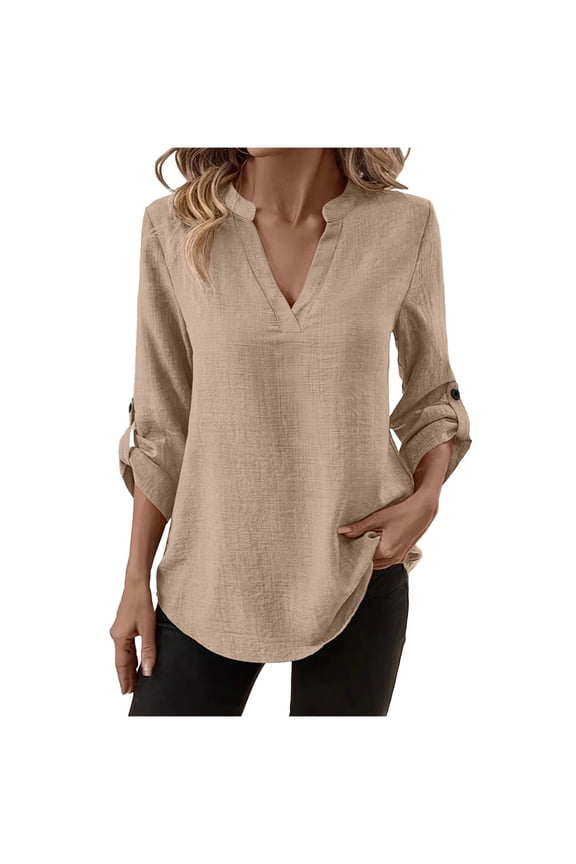 Cotton Linen Shirts for Women 3/4 Rolled Sleeve V Neck Pullover Tops Casual Loose Fit Tees Solid Color Everyday Blouses Khaki XXL