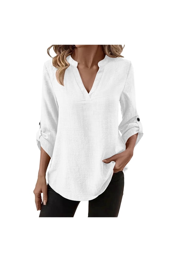 Cotton Linen Shirts for Women 3/4 Rolled Sleeve V Neck Pullover Tops Casual Loose Fit Tees Solid Color Everyday Blouses White M