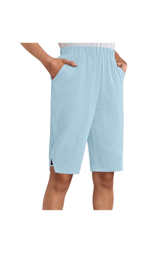 Cotton Linen Short Pant for Women Elastic Waist Knee Length Bermuda Shorts Casual Loose Fit Beach Shorts Blue XXL