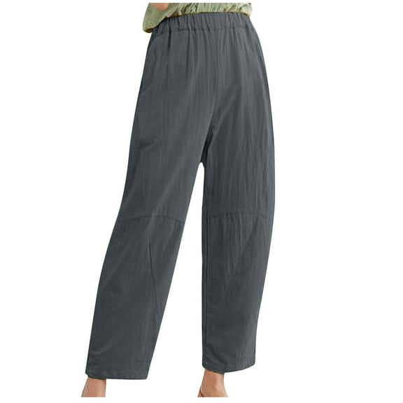 Htigea Cotton Linen Straight Trousers for Women Elastic High Waisted Ankle Pants Loose Fit Plus Size Casual Long Pants Solid Color Wide Leg Pants with Pockets
