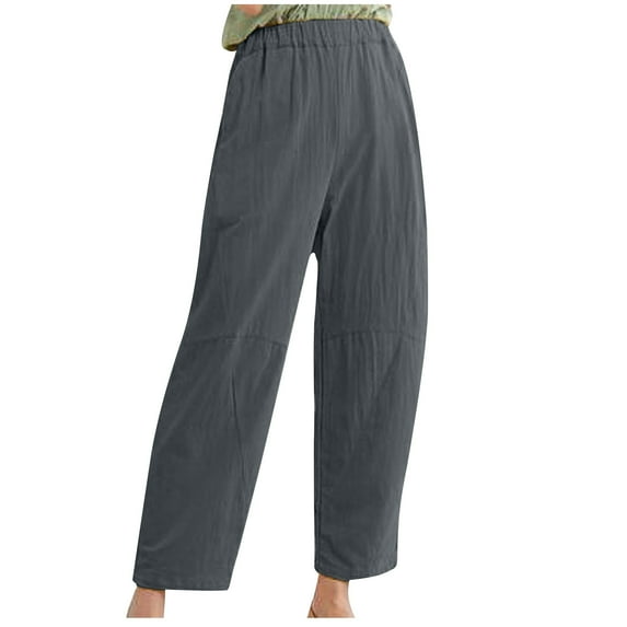 Htigea Cotton Linen Straight Trousers for Women Elastic High Waisted Ankle Pants Loose Fit Plus Size Casual Long Pants Solid Color Wide Leg Pants with Pockets
