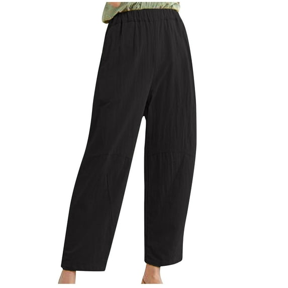 Htigea Cotton Linen Straight Trousers for Women Elastic High Waisted Ankle Pants Loose Fit Plus Size Casual Long Pants Solid Color Wide Leg Pants with Pockets