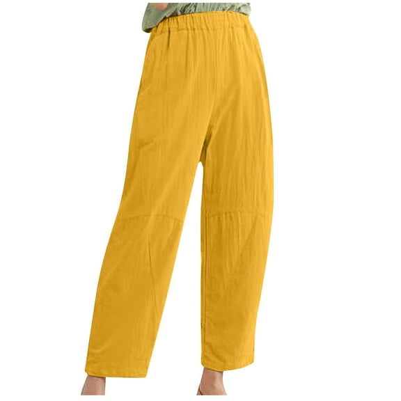 Htigea Cotton Linen Straight Trousers for Women Elastic High Waisted Ankle Pants Loose Fit Plus Size Casual Long Pants Solid Color Wide Leg Pants with Pockets