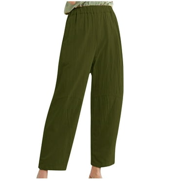 Htigea Cotton Linen Straight Trousers for Women Elastic High Waisted Ankle Pants Loose Fit Plus Size Casual Long Pants Solid Color Wide Leg Pants with Pockets