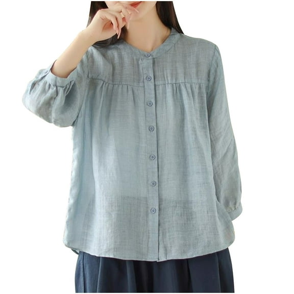 Htigea Cotton Linen Tops for Women Button Down Crew Neck Shirts Lightweight Sun Protection T-Shirts Blue,L
