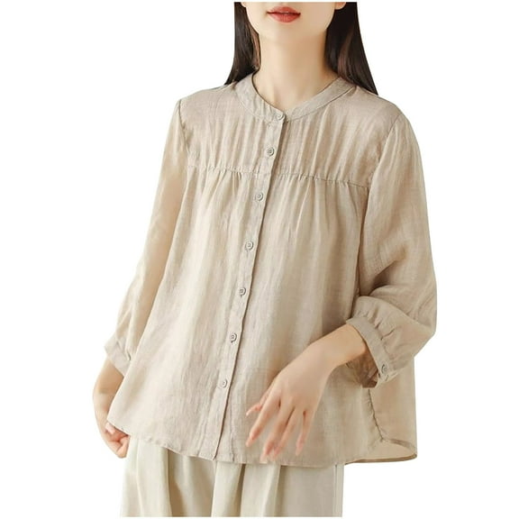 Htigea Cotton Linen Tops for Women Button Down Crew Neck Shirts Lightweight Sun Protection T-Shirts Khaki,2XL