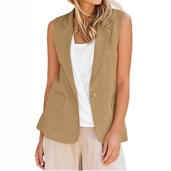 Htigea Cotton Linen Vest for Women Casual Sleeveless Lapel Business Blouse with Pockets Cardigans Tops Khaki,M