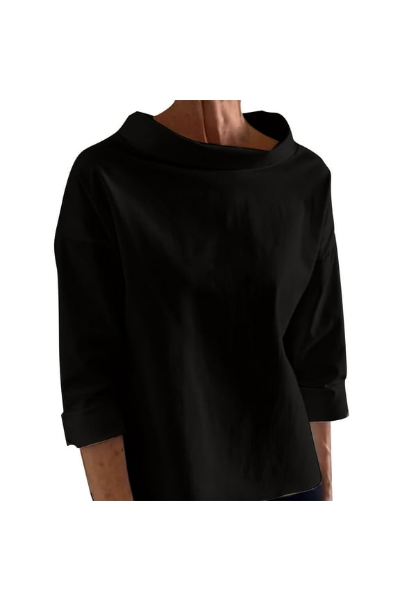 Cotton Shirts for Women Mock Neck Long Sleeve Pullover Elegant Business Office Work Tops Black M