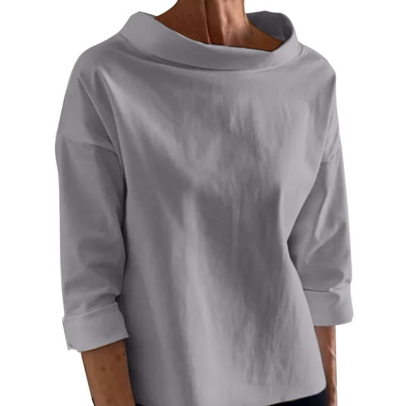 Htigea Cotton Shirts for Women Mock Neck Long Sleeve Pullover Elegant Business Office Work Tops Gray L
