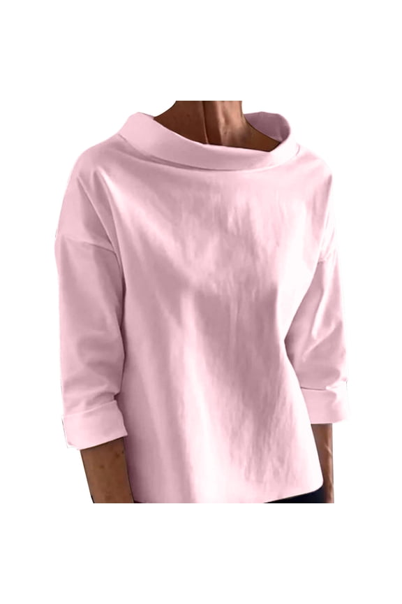 Cotton Shirts for Women Mock Neck Long Sleeve Pullover Elegant Business Office Work Tops Pink 2XL
