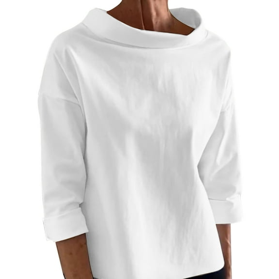 Htigea Cotton Shirts for Women Mock Neck Long Sleeve Pullover Elegant Business Office Work Tops White M