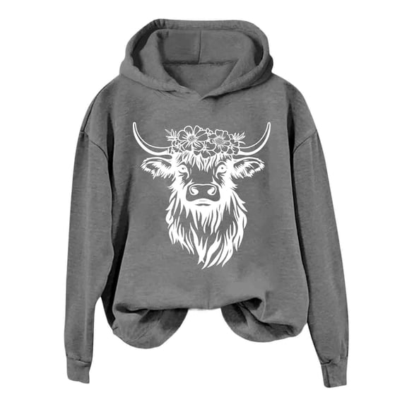 Htigea Cow Sweatshirt for Women Cute Long Sleeve Hoodies Casual Loose Daily Pullover Tops Dark Gray S