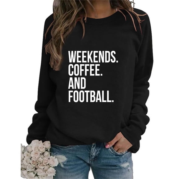 Htigea Crew Neck Sweatshirt for Women Weekends Coffee and Football Pullover Casual Long Sleeve Tops Black S
