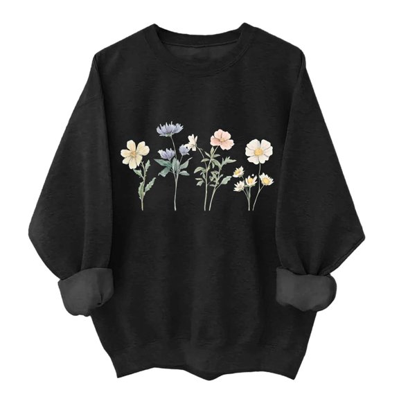 Htigea Crew Neck Sweatshirts for Women Cute Wildflowers Graphic Long Sleeve Pullover Casual Loose Fit Daily Tops Black S