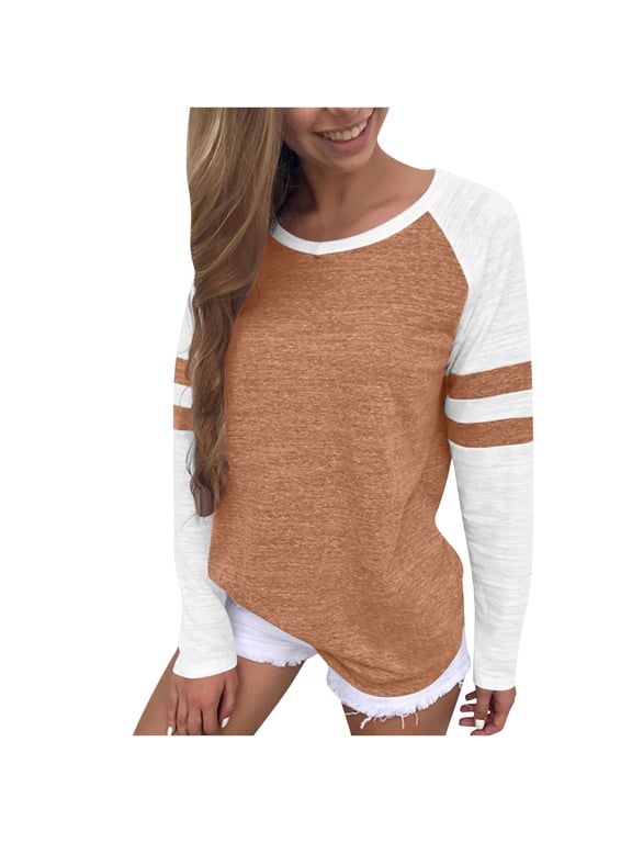 Crew Neck T Shirts for Women Long Sleeve Tops Trendy Color Block Raglan Shirt Casual Loose Pullover Baseball Tees Brown L