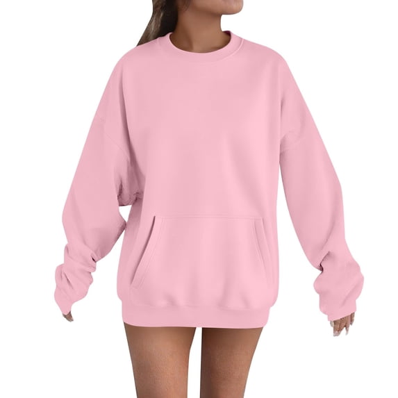 Htigea Crewneck Sweatshirts for Women Solid Color Pullover Tops Casual Loose Fit Sweatshirt with Kangaroo Pocket Pink L